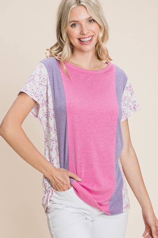 ETK-8517 Floral Color Block Casual Top