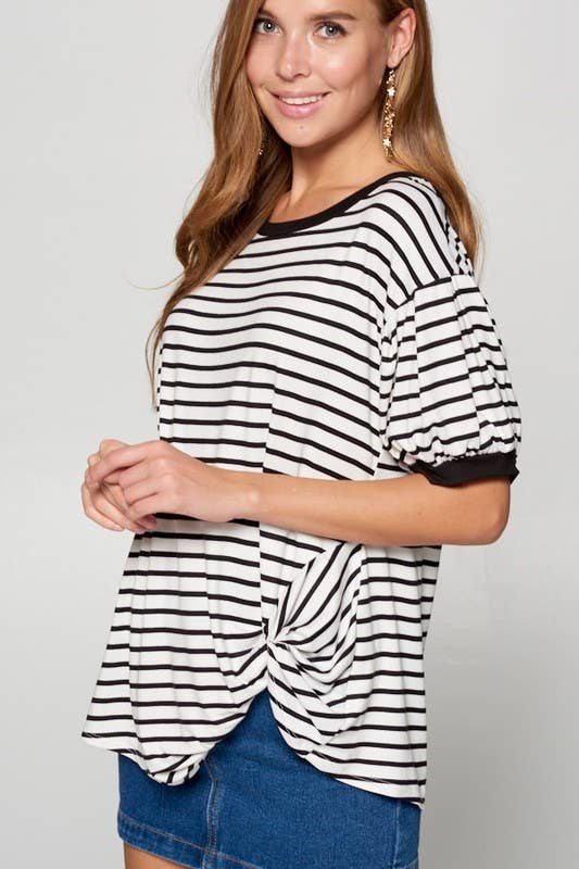 ETK-7615 Striped Bubble Sleeve Side Twist Top