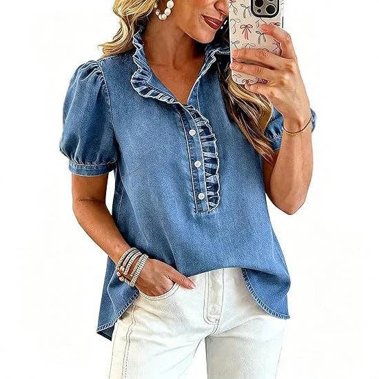Women's Short Sleeve Button-Up Ruffle Neck Denim Top