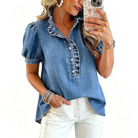 Women's Short Sleeve Button-Up Ruffle Neck Denim Top
