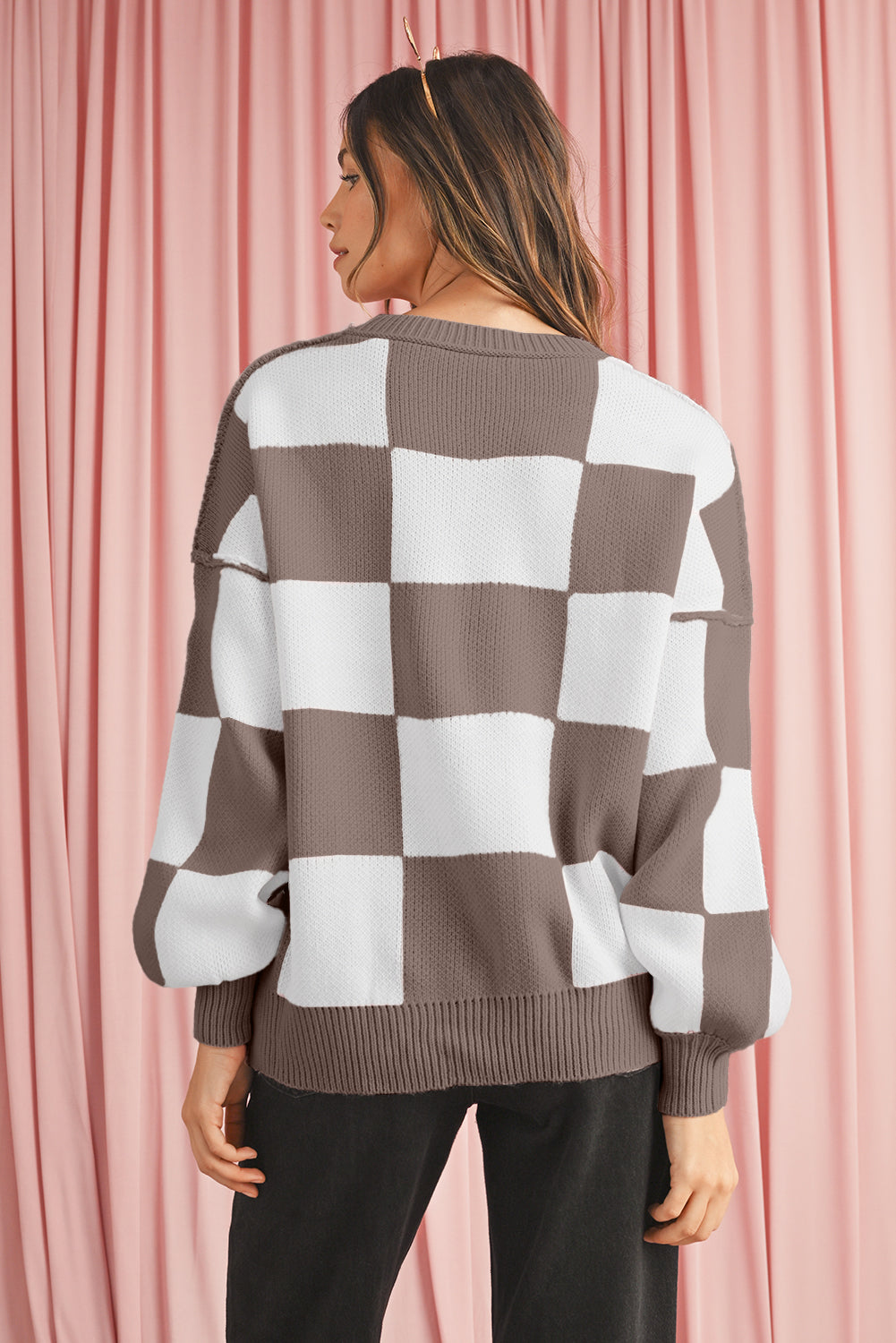 Orange & White Plaid Exposed Seam Bishop Sleeve Sweater