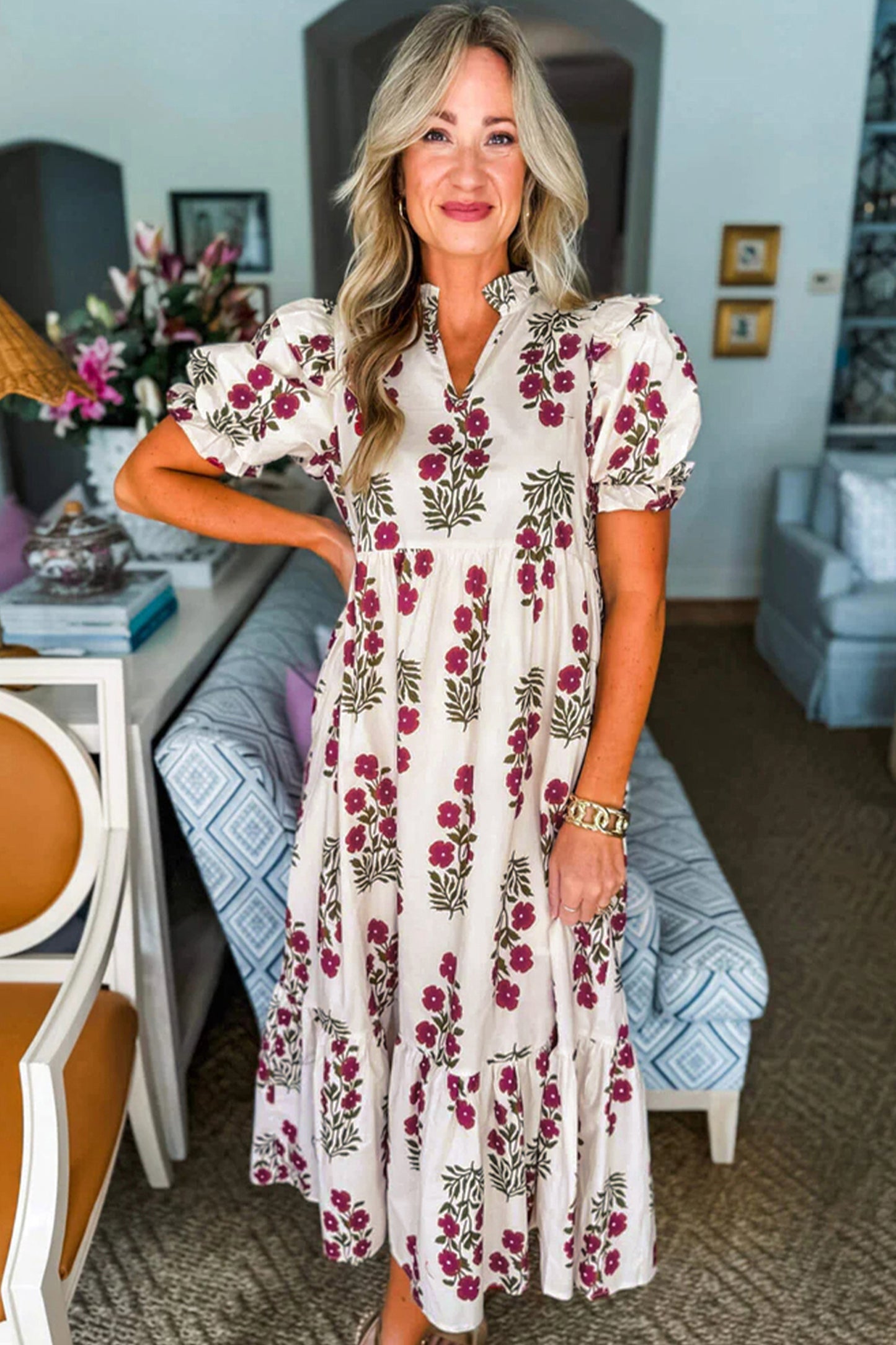 Black Floral Short Bubble Sleeve Tiered Maxi Dress