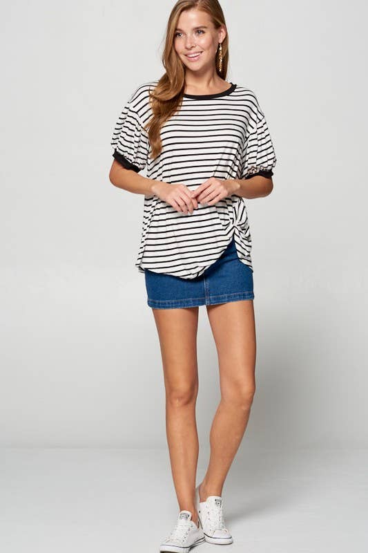 ETK-7615 Striped Bubble Sleeve Side Twist Top