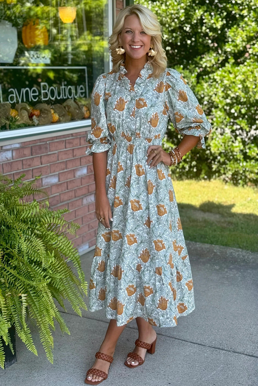 Brown Floral Printed Frilled V Neck Bracelet Sleeve Long Dress