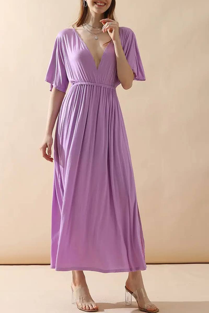 V-Neck Short Sleeve Back Bow Empire Dress