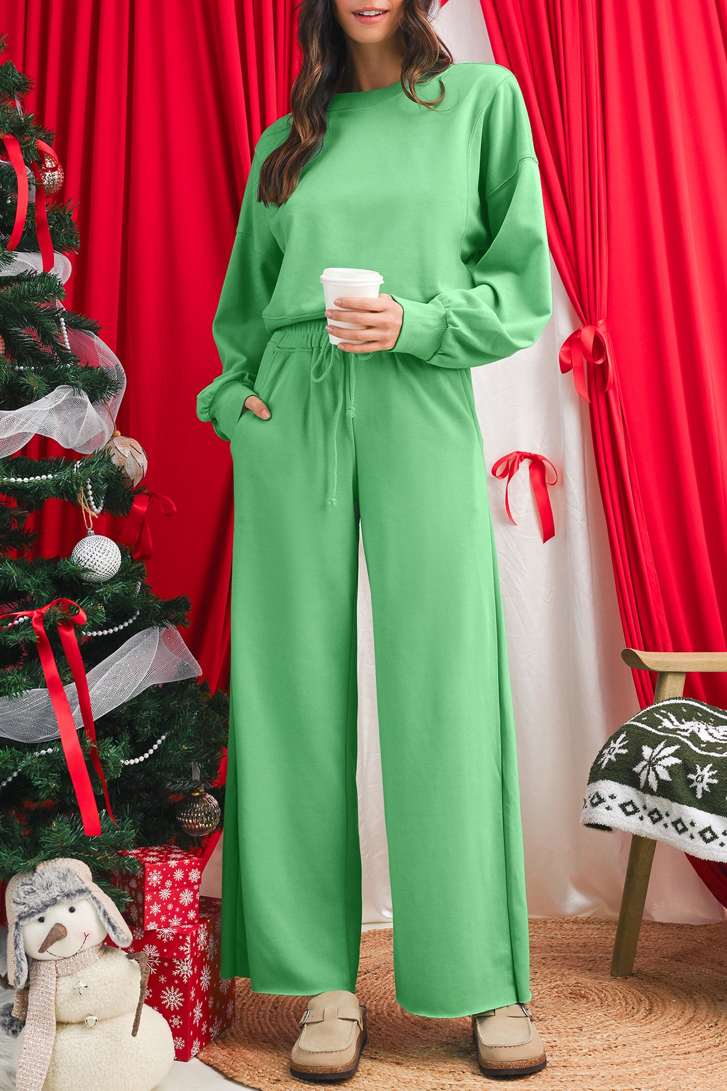 Light Pink Drop Shoulder Crop Pullover Drawstring Wide Leg Pants Set