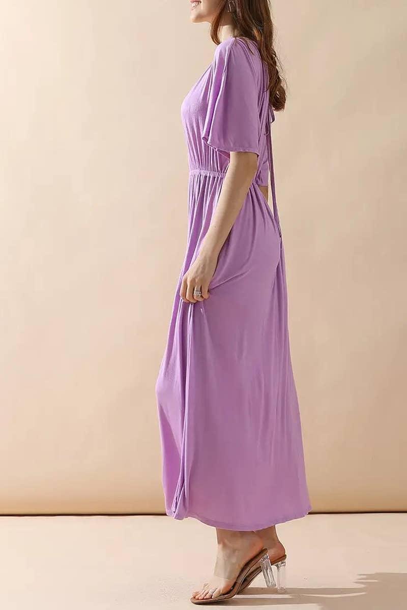 V-Neck Short Sleeve Back Bow Empire Dress