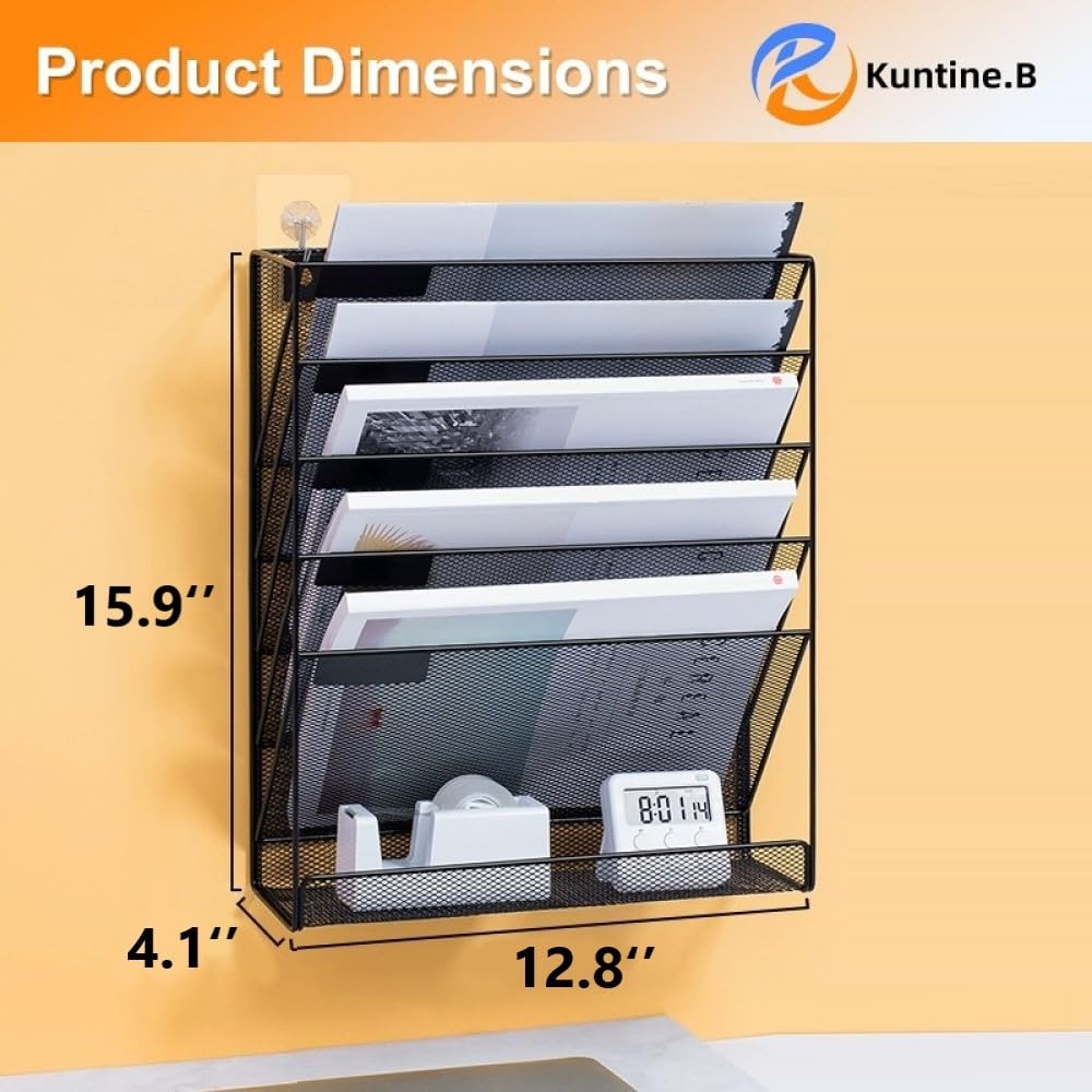 Kuntine.B 5 Pocket Wall File Holder Organizer Office Hanging Magazine Holder Wall File Organizer for Office Home (Black, 5 Tier)