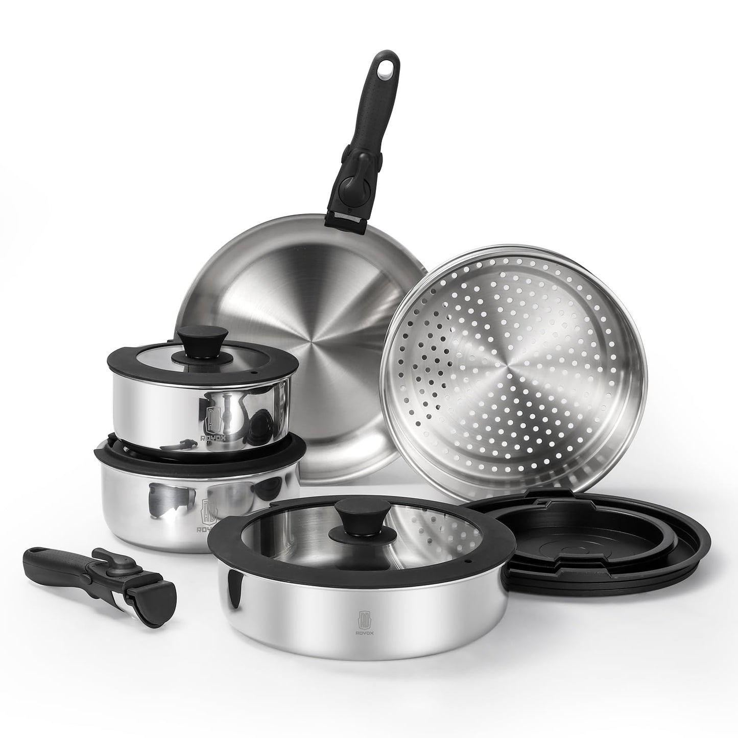 ROYDX 16pcs Pots and Pans Set, Stainless Steel Cookware Set Detachable Handle, Induction Kitchen Stackable RV Cookware Sets, (Camper, Boat, Small Kitchen), Dishwasher Safe&Oven Safe, PFOA Free, Silver