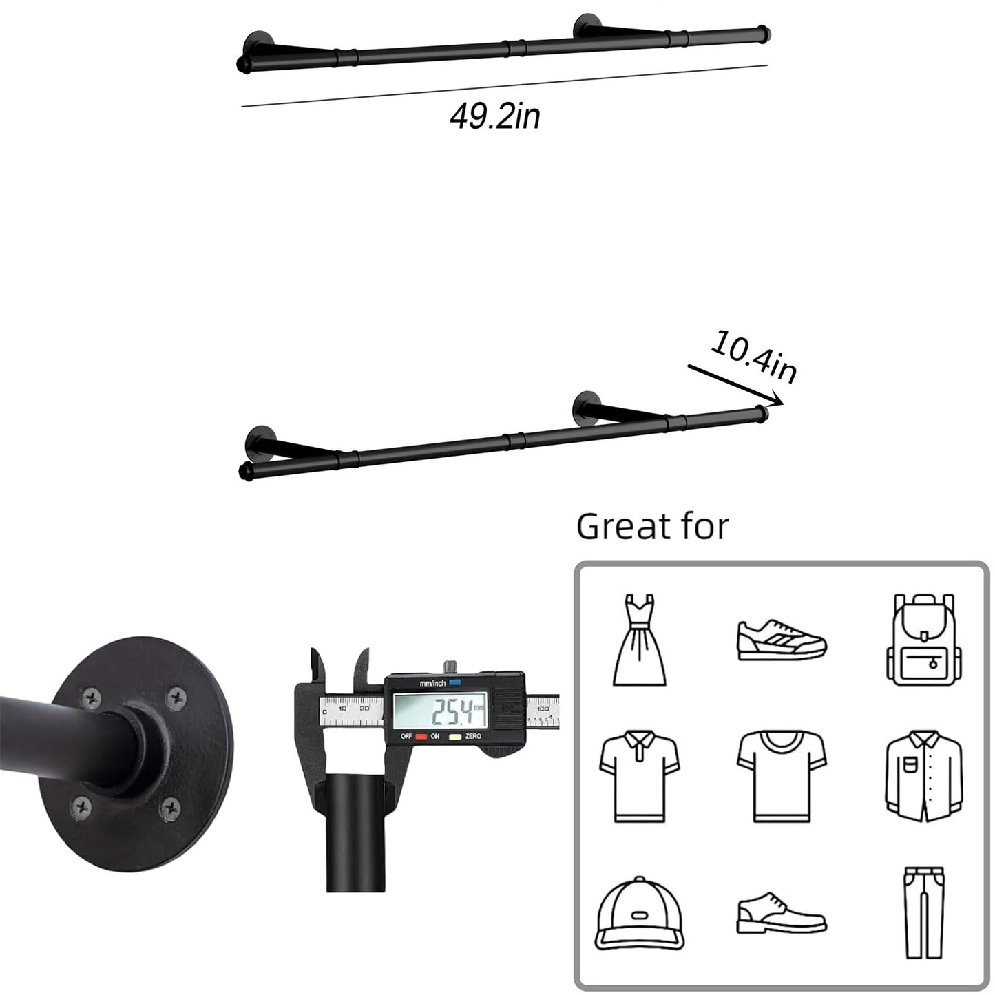 Industrial Pipe Clothing Rack,Wall Mounted Clothes Racks Closet Rods for Hanging Clothes Pipe Clothing Rack Wall Mounted Double Rods-49'' BLACK
