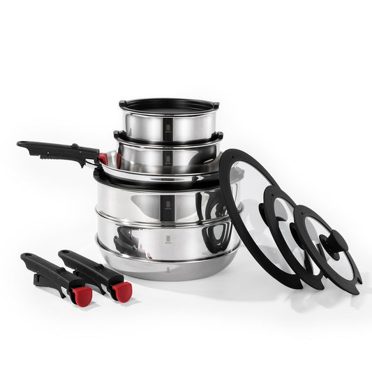 ROYDX 16pcs Pots and Pans Set, Stainless Steel Cookware Set Detachable Handle, Induction Kitchen Stackable RV Cookware Sets, (Camper, Boat, Small Kitchen), Dishwasher Safe&Oven Safe, PFOA Free, Silver