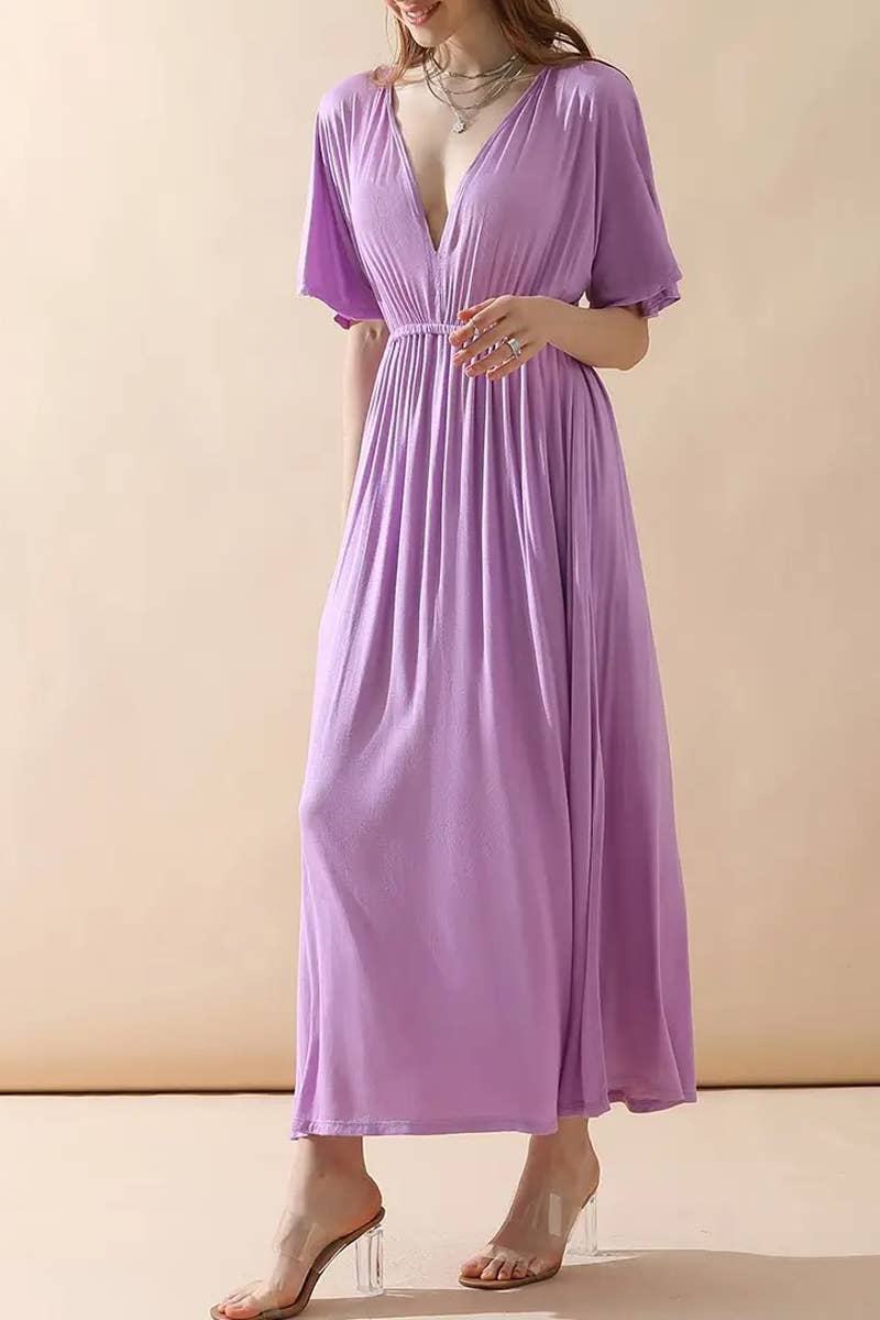 V-Neck Short Sleeve Back Bow Empire Dress
