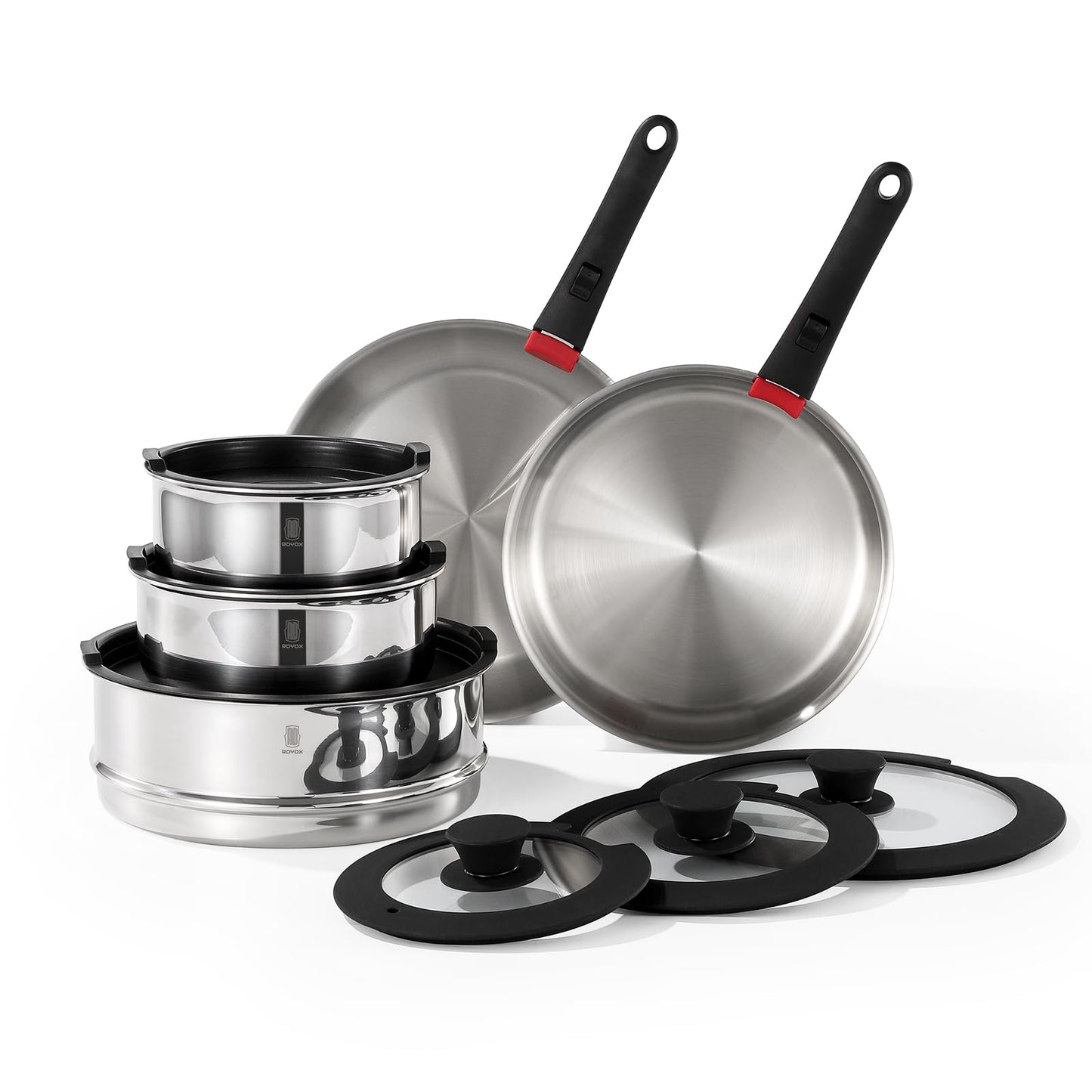 ROYDX 16pcs Pots and Pans Set, Stainless Steel Cookware Set Detachable Handle, Induction Kitchen Stackable RV Cookware Sets, (Camper, Boat, Small Kitchen), Dishwasher Safe&Oven Safe, PFOA Free, Silver