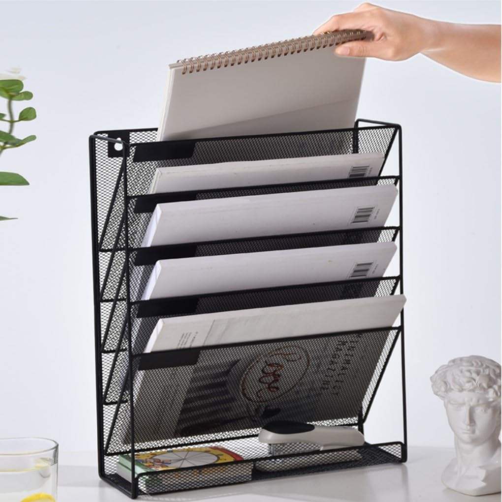 Kuntine.B 5 Pocket Wall File Holder Organizer Office Hanging Magazine Holder Wall File Organizer for Office Home (Black, 5 Tier)