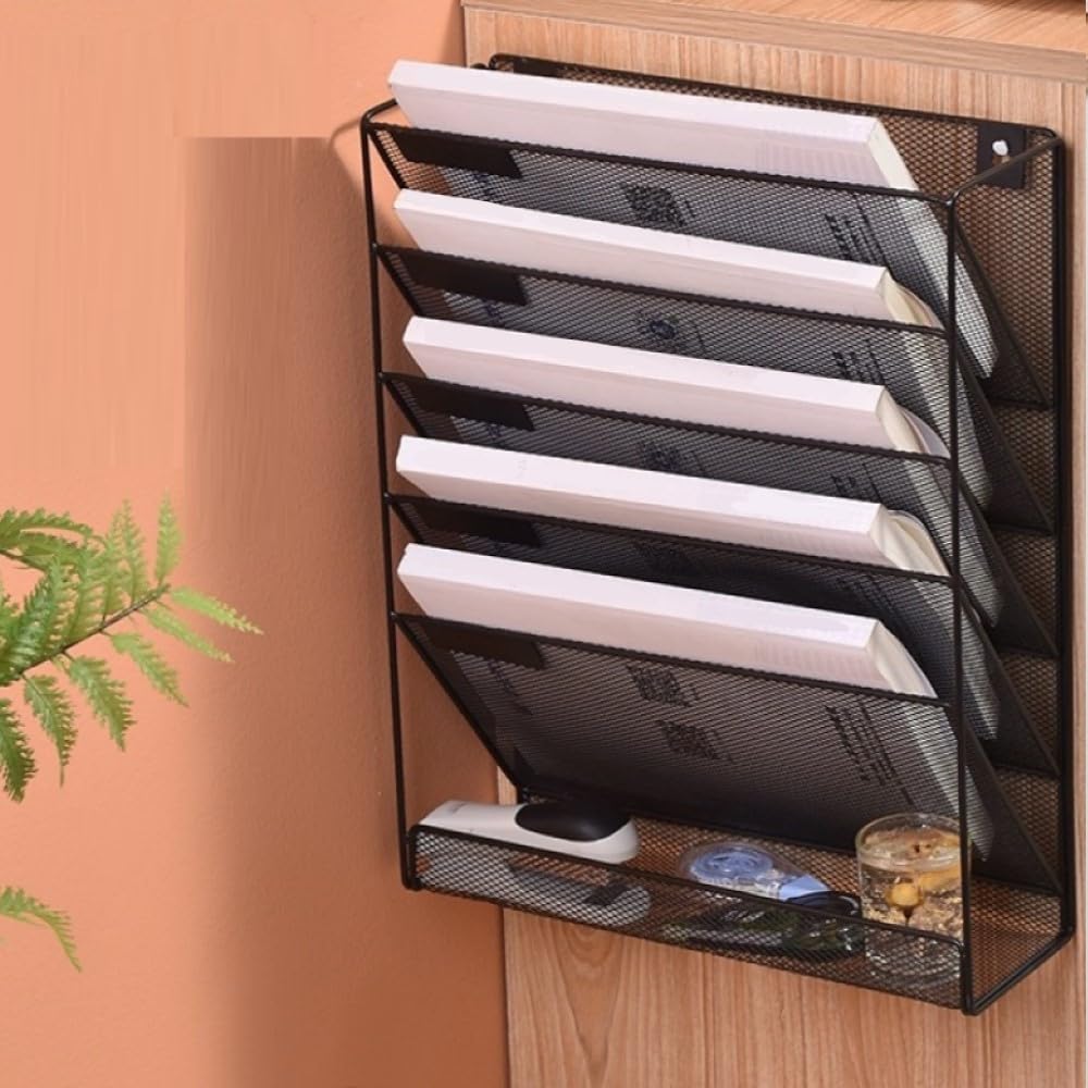 Kuntine.B 5 Pocket Wall File Holder Organizer Office Hanging Magazine Holder Wall File Organizer for Office Home (Black, 5 Tier)