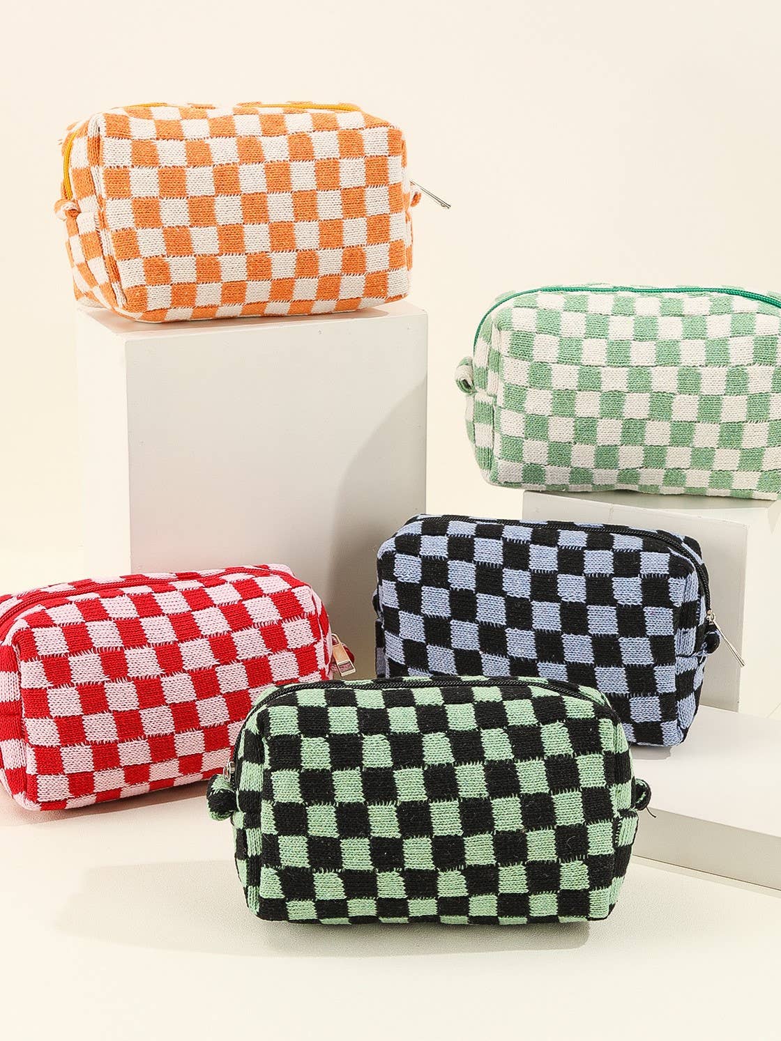 Colorful Checkered travel zipper knit Cosmetic bag