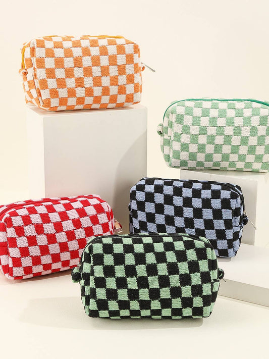 Colorful Checkered travel zipper knit Cosmetic bag