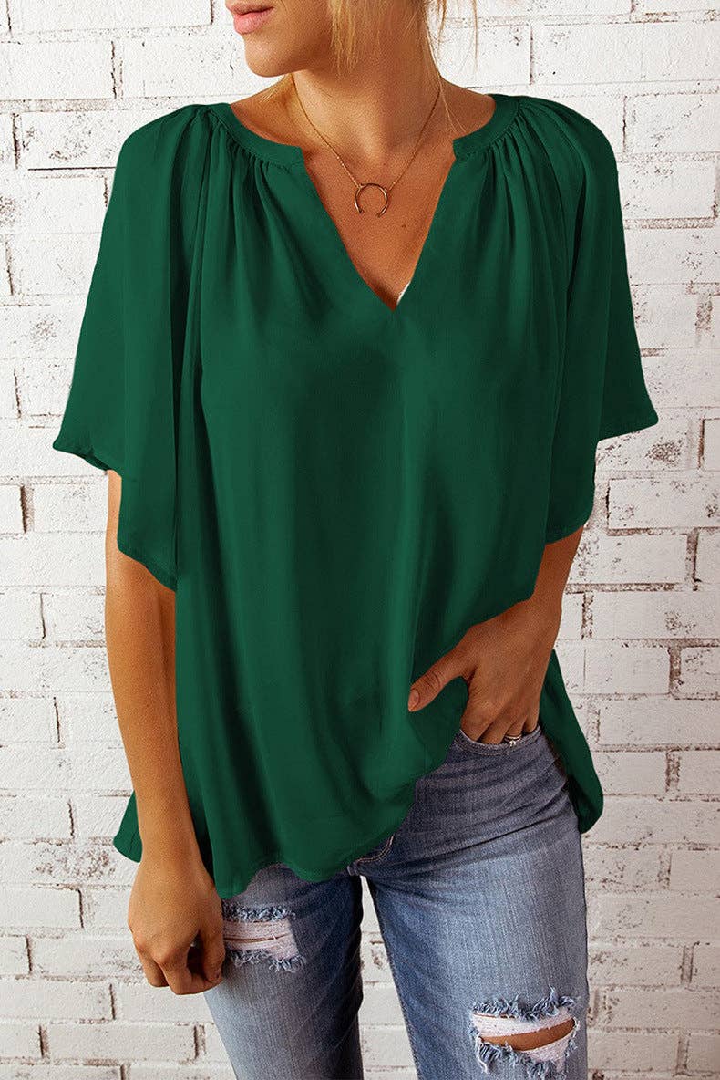 Women's V-Neck Flutter Sleeve Loose Chiffon Blouse