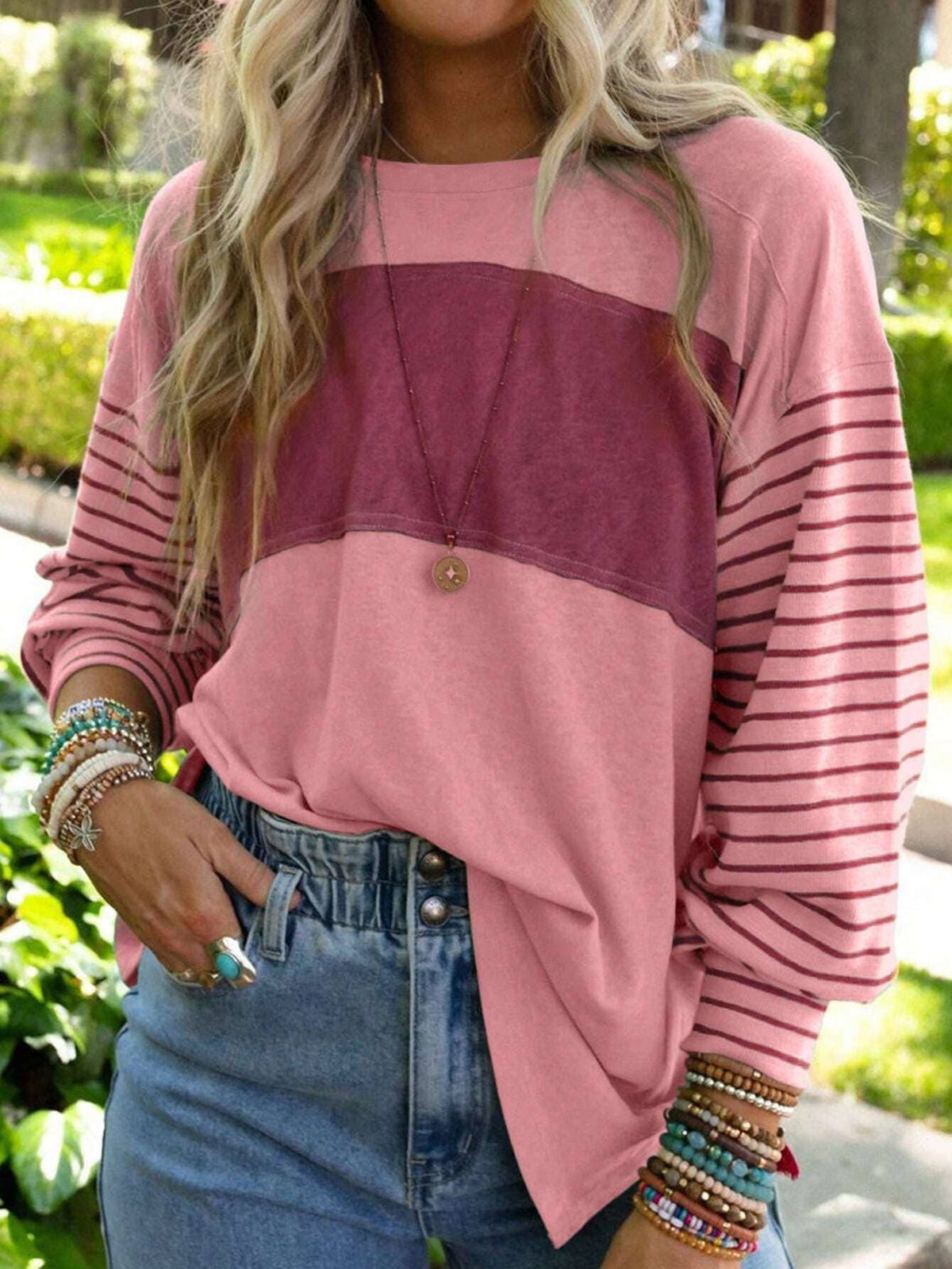 Round-Neck Striped Contrasting Long-Sleeved Top