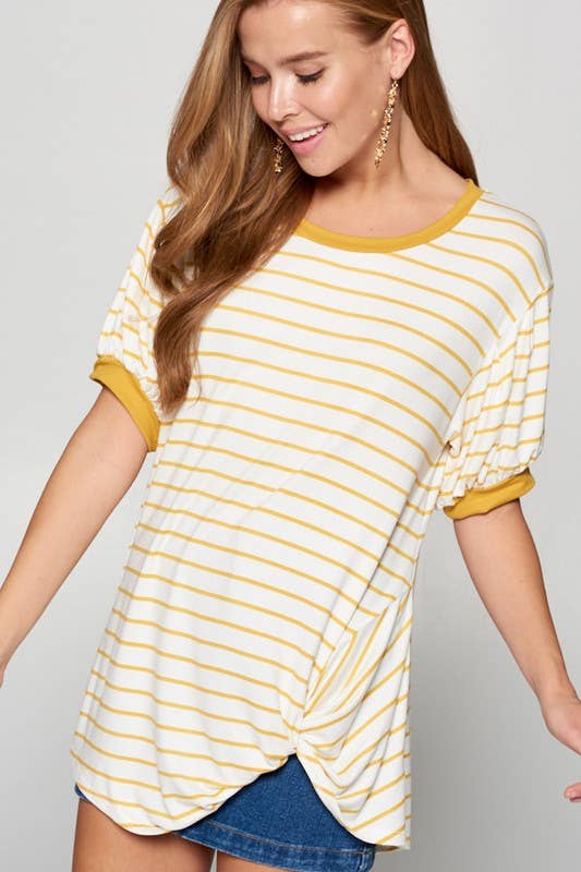 ETK-7615 Striped Bubble Sleeve Side Twist Top