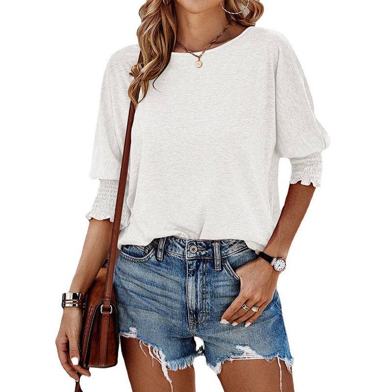 Women's Round Neck Smocked Cuff 3/4 Sleeve Casual Top