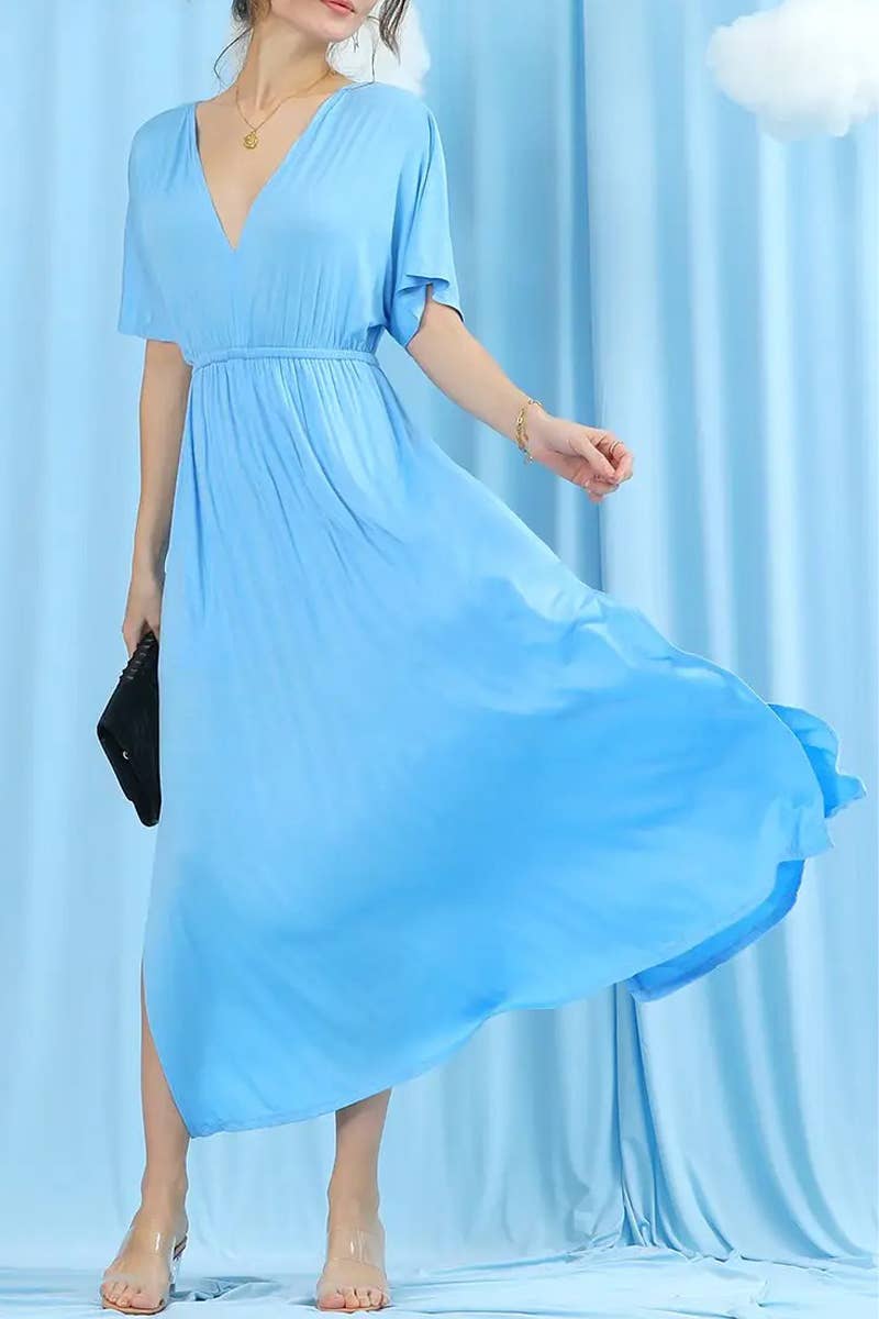 V-Neck Short Sleeve Back Bow Empire Dress