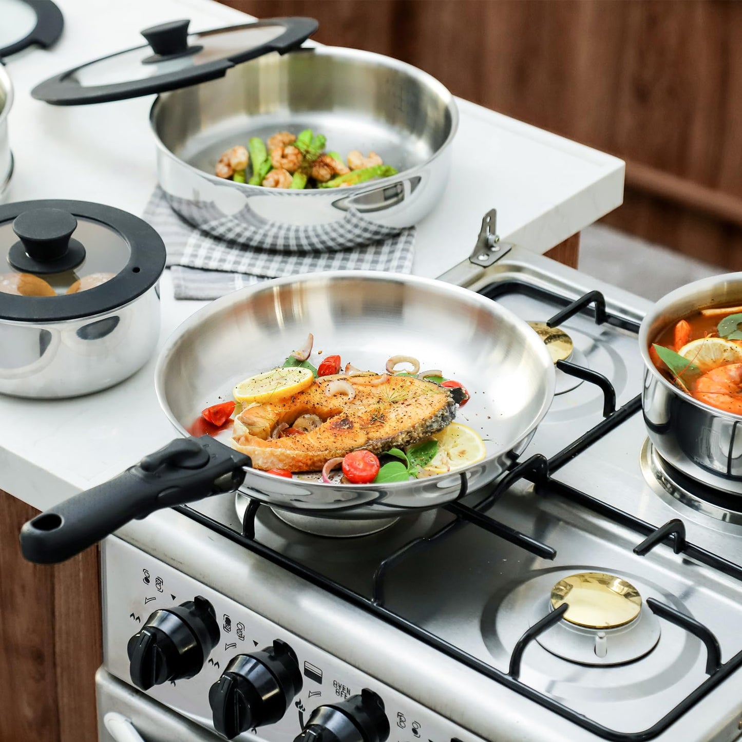 ROYDX 16pcs Pots and Pans Set, Stainless Steel Cookware Set Detachable Handle, Induction Kitchen Stackable RV Cookware Sets, (Camper, Boat, Small Kitchen), Dishwasher Safe&Oven Safe, PFOA Free, Silver