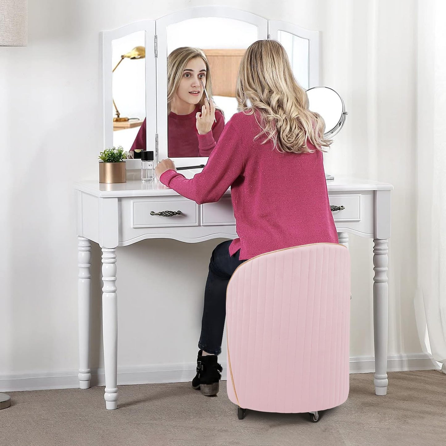 Round Storage Ottoman, Upholstered Velvet Vanity Stool with Lumbar Support, Swivel Rolling Wheels, Small Foot Stools Coffee Table Padded Seat for Makeup Room, Living Room, Bedroom (Beige)