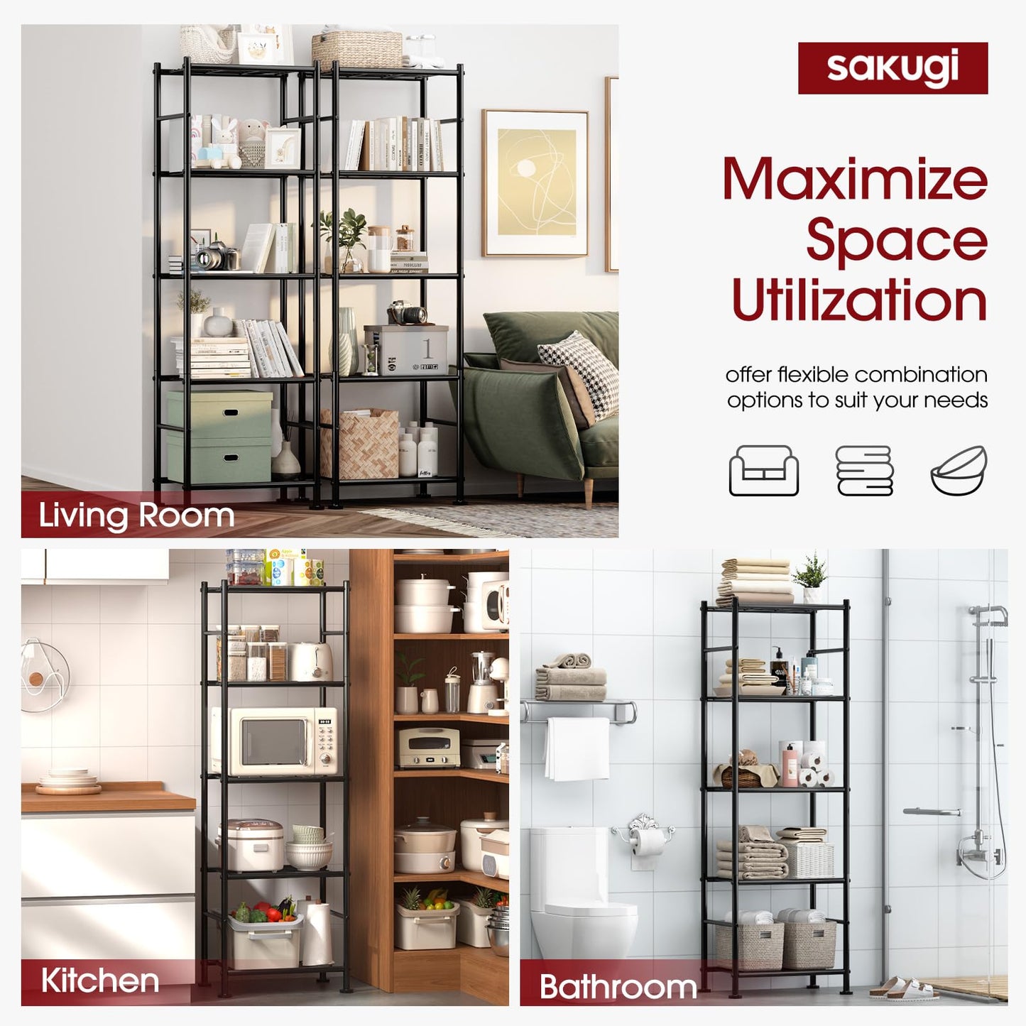 Storage Shelves - Set of 2, 5-Tier Metal Shelf Organizer, Space-Saving Garage Shelving with Leveling Feet, Standing Shelves Organizer for Kitchen, Laundry, Pantry (18.1"x12.3"x56.8", Black)