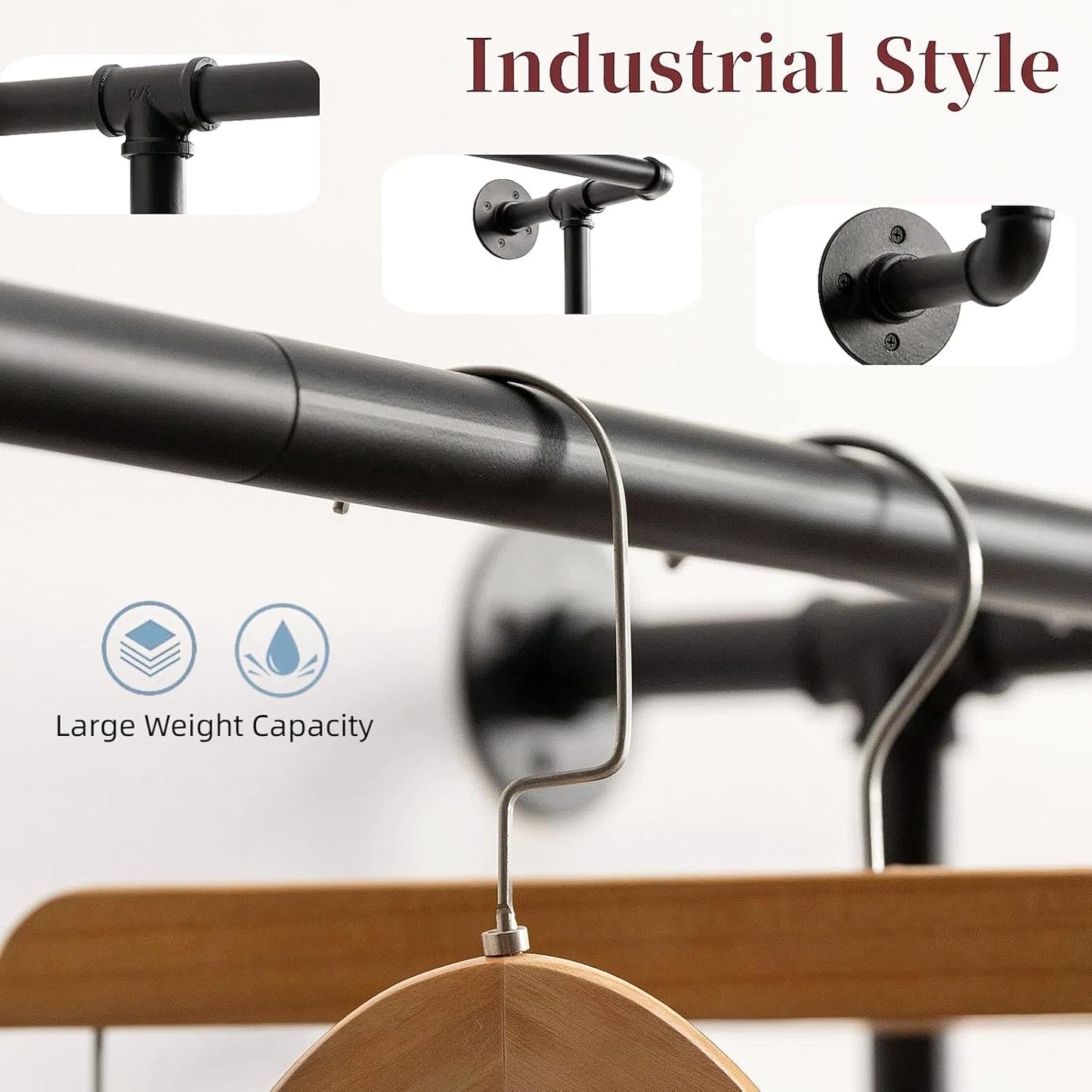 Industrial Pipe Clothing Rack Wall Mounted Clothes Rack Heavy Duty Closet Rod for Retail, Laundry Room, Bedroom