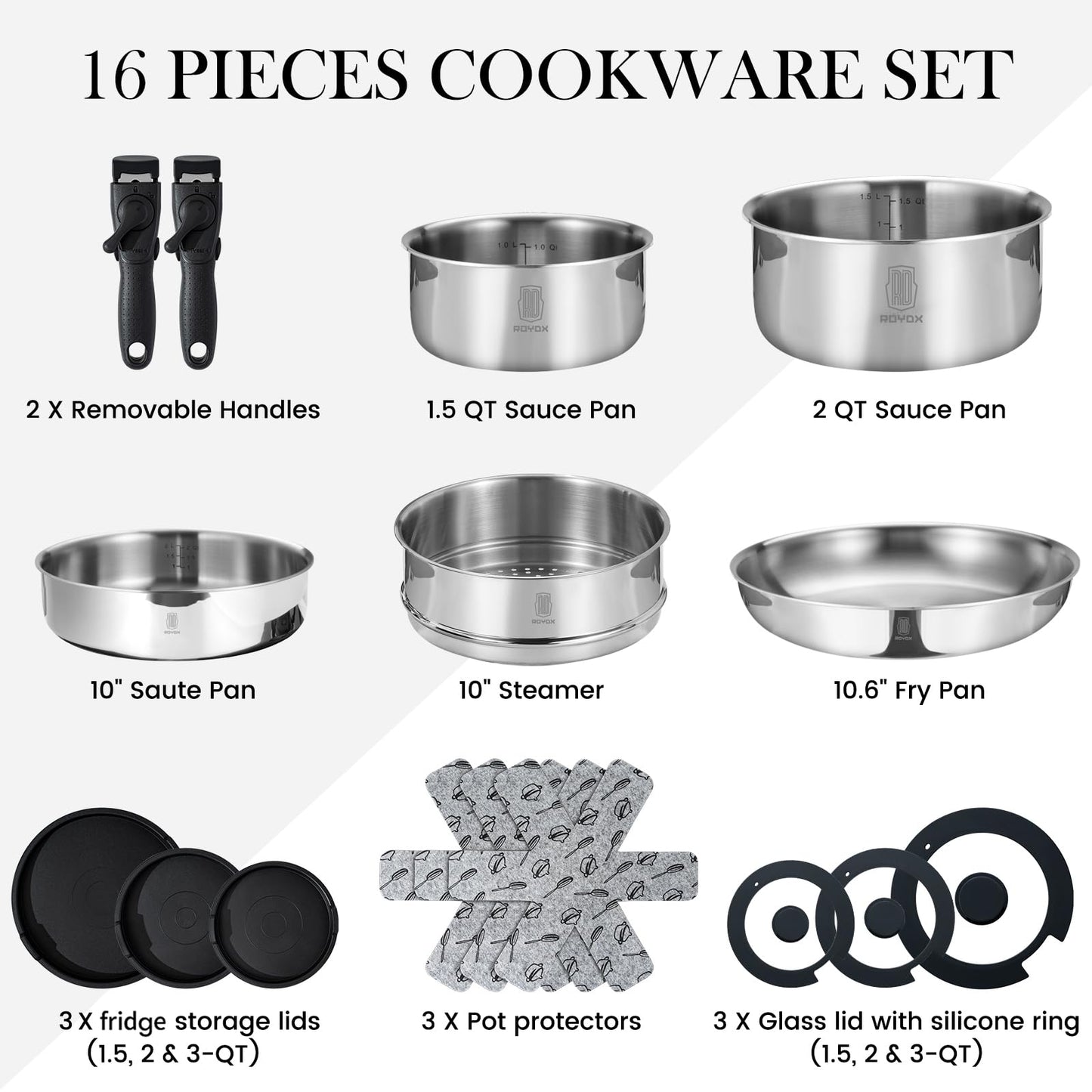 ROYDX 16pcs Pots and Pans Set, Stainless Steel Cookware Set Detachable Handle, Induction Kitchen Stackable RV Cookware Sets, (Camper, Boat, Small Kitchen), Dishwasher Safe&Oven Safe, PFOA Free, Silver