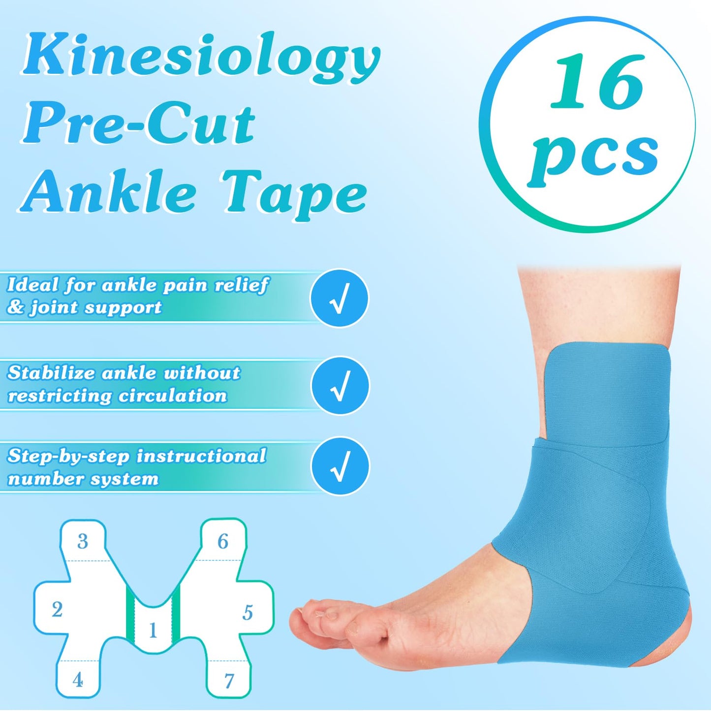 16 Pcs Kinesiology Tape for Ankle Tape Precut, Athletic Original Cotton Waterproof Breathable, Provides Support and Stability to The Target Area for Ligament and Muscle (Pink)