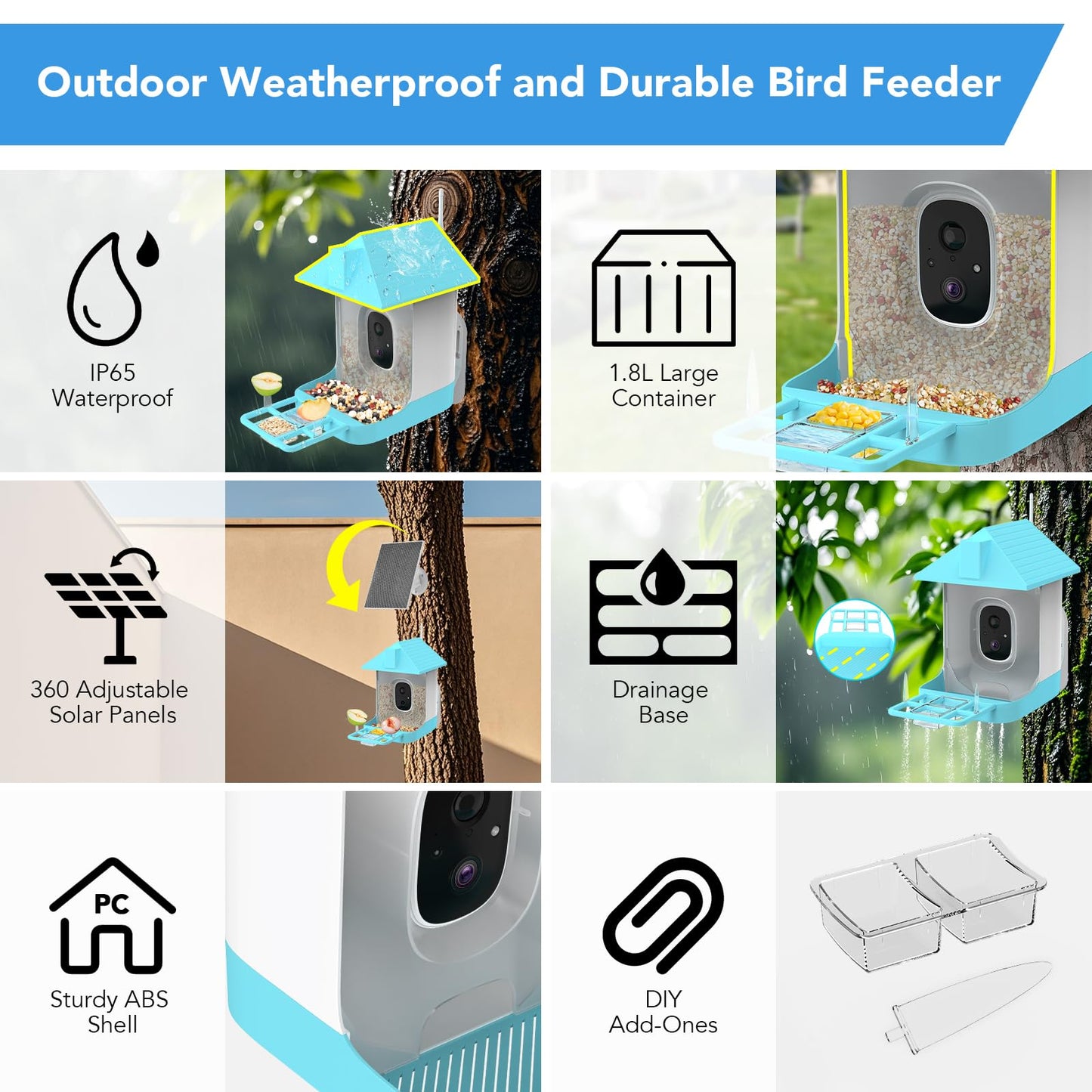 Smart Bird Feeder with Camera, 5200mAh Battery with Solar Panel, 2K Live View/AI Identifies/App Control/Instant Arrival Alert/Auto Capture/135° Motion Detection/IP65 Waterproof, Ideal Gift