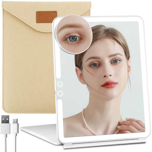 FUNTOUCH 2500mAh Large Rechargeable Travel Makeup Mirror with Lights, Portable Makeup Mirror with 10X Magnifying Mirror 3 Lighting Modes, Tabletop Folding Travel Mirror with PU Leather Cover (Pink)