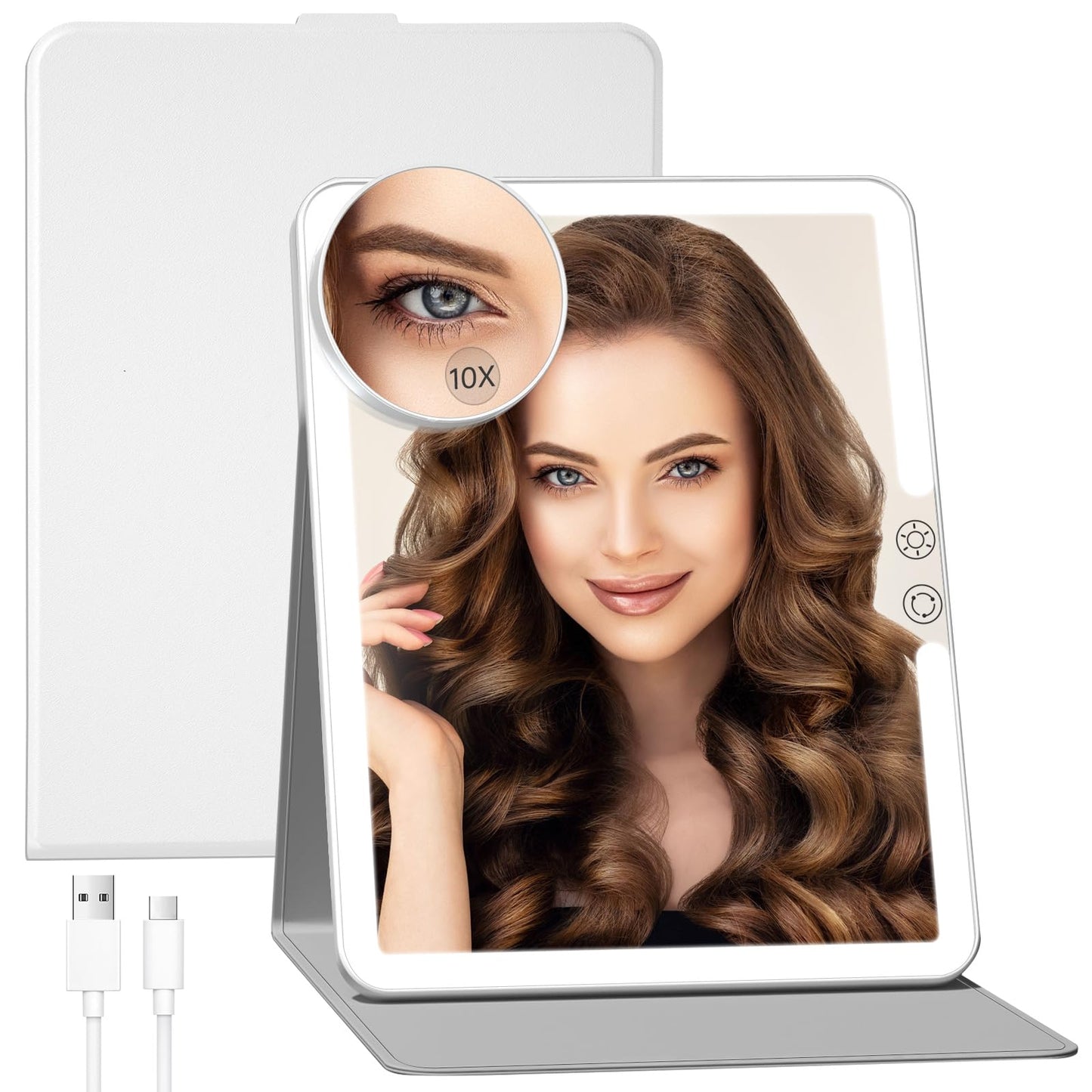 FUNTOUCH 2500mAh Large Rechargeable Travel Makeup Mirror with Lights, Portable Makeup Mirror with 10X Magnifying Mirror 3 Lighting Modes, Tabletop Folding Travel Mirror with PU Leather Cover (Pink)