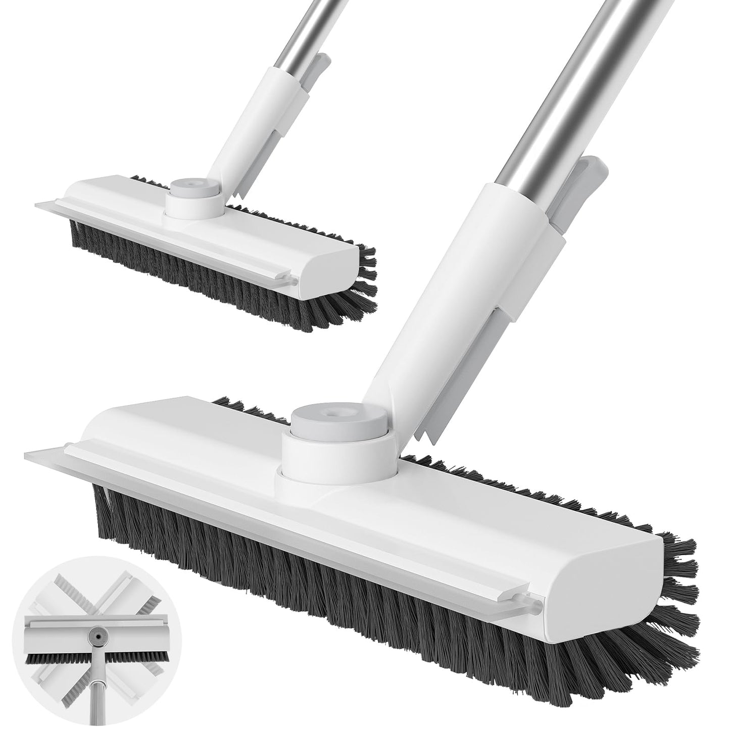 AIR U+ Floor Scrub Brush with Long Handle, 3 in 1 Scrape and Heavy-Duty Stiff Bristle Scrubber Brush for Cleaning Shower Bathroom, Patio, Garage, Kitchen, Wall and Deck