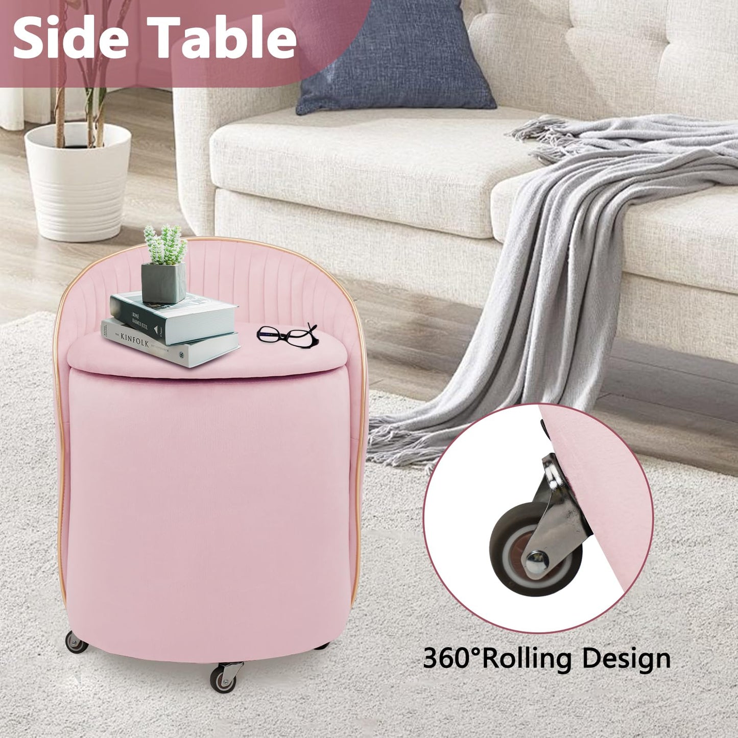 Round Storage Ottoman, Upholstered Velvet Vanity Stool with Lumbar Support, Swivel Rolling Wheels, Small Foot Stools Coffee Table Padded Seat for Makeup Room, Living Room, Bedroom (Beige)