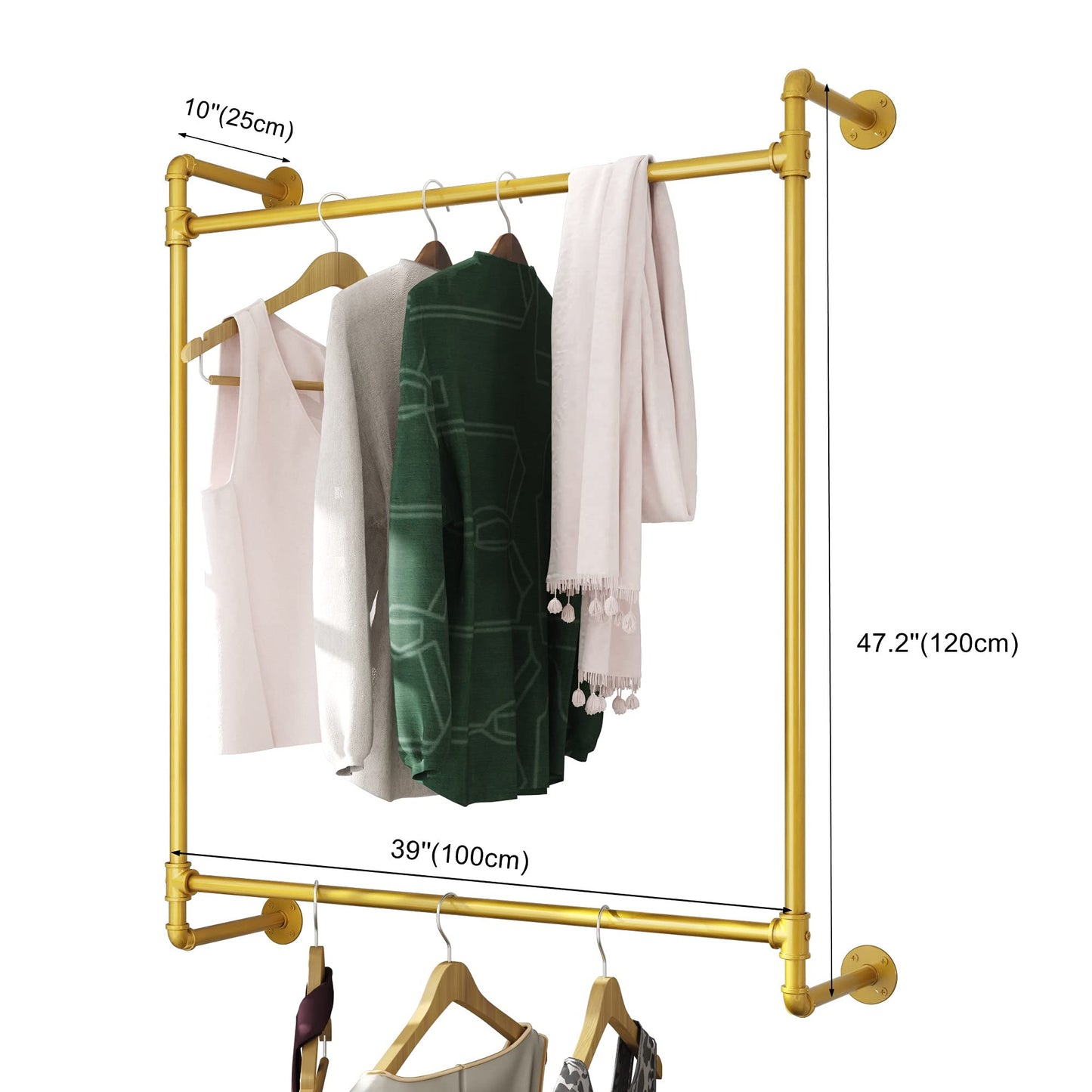 Industrial Pipe Clothing Rack Wall Mounted Clothes Rack Heavy Duty Closet Rod for Retail, Laundry Room, Bedroom