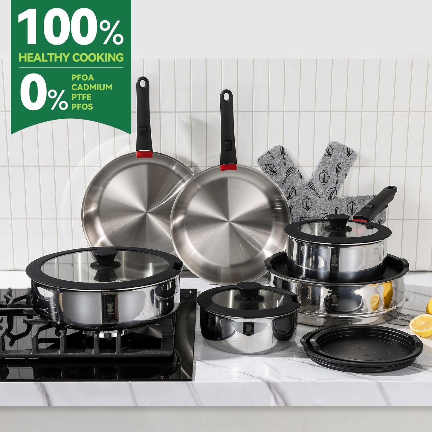 ROYDX 16pcs Pots and Pans Set, Stainless Steel Cookware Set Detachable Handle, Induction Kitchen Stackable RV Cookware Sets, (Camper, Boat, Small Kitchen), Dishwasher Safe&Oven Safe, PFOA Free, Silver