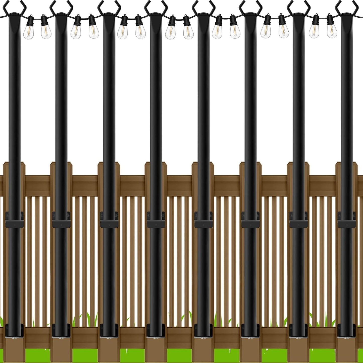 10Ft String Light Poles 4 Pack,Light Poles for Outside Lights,Outdoor with Fence Brackets Hanging Lights,Metal Stand Deck Patio Backyard