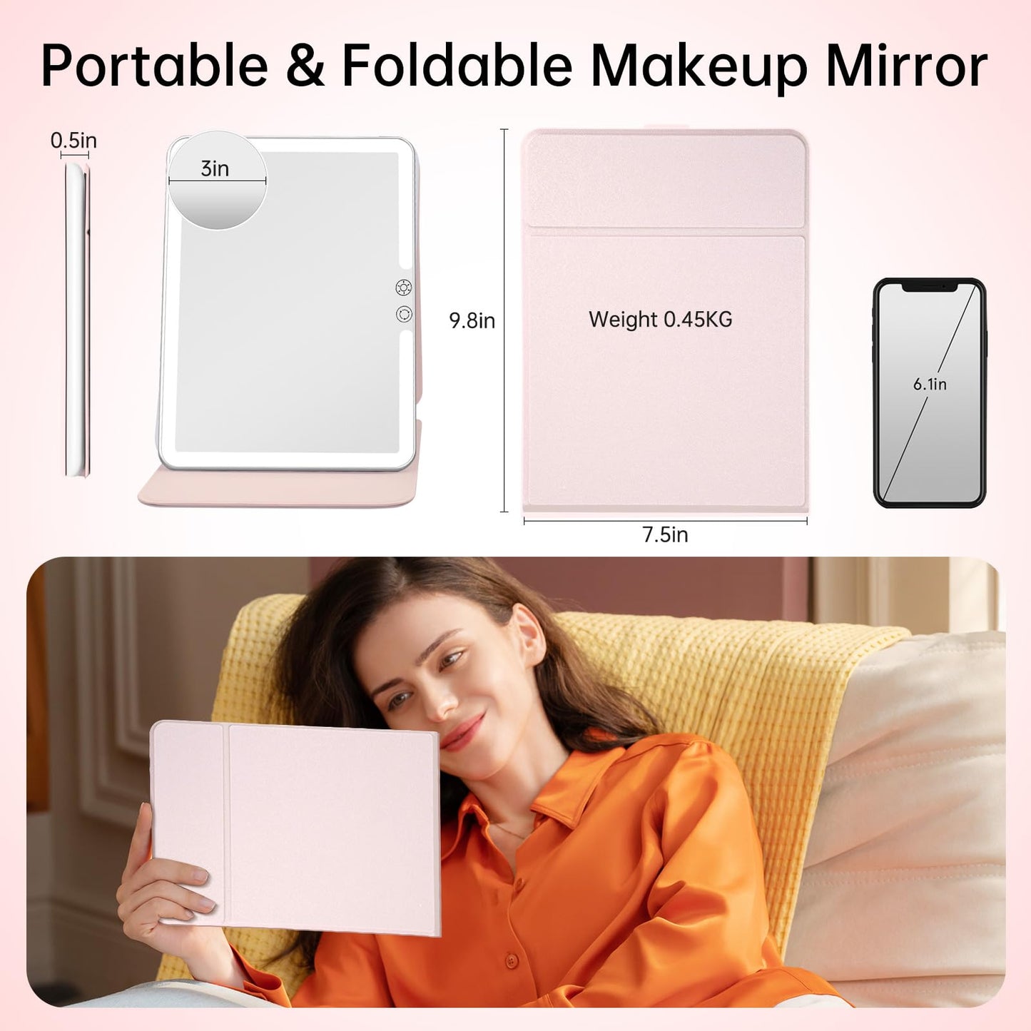 FUNTOUCH 2500mAh Large Rechargeable Travel Makeup Mirror with Lights, Portable Makeup Mirror with 10X Magnifying Mirror 3 Lighting Modes, Tabletop Folding Travel Mirror with PU Leather Cover (Pink)