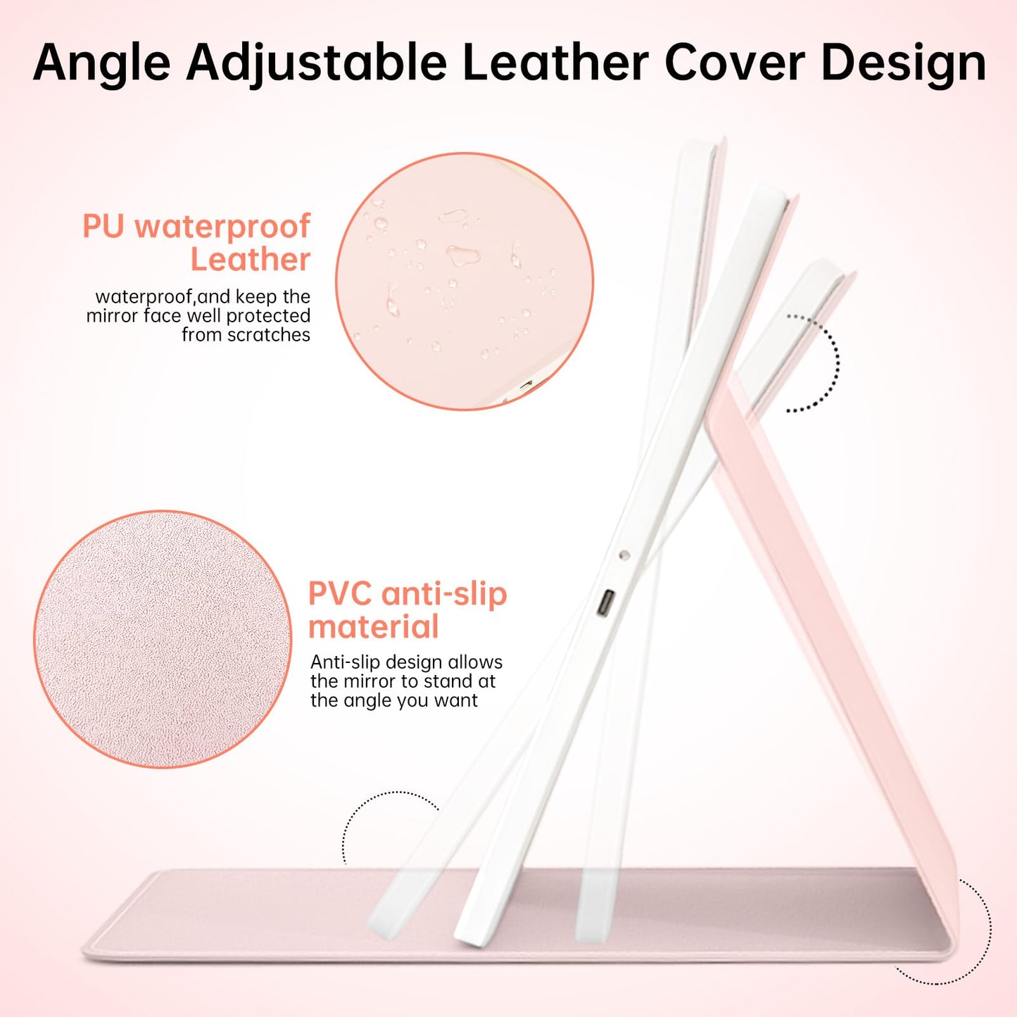 FUNTOUCH 2500mAh Large Rechargeable Travel Makeup Mirror with Lights, Portable Makeup Mirror with 10X Magnifying Mirror 3 Lighting Modes, Tabletop Folding Travel Mirror with PU Leather Cover (Pink)