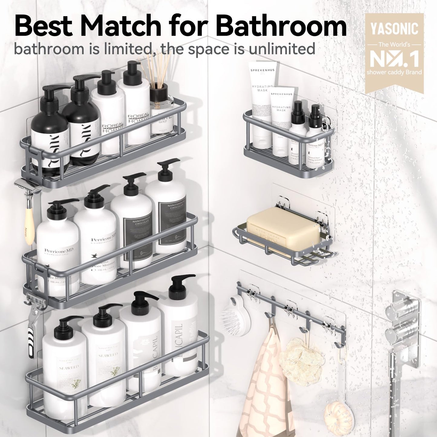 YASONIC Shower Caddy, 6 Pack Large Capacity Shower Organizer with Soap Holder and 12 Hooks, Rustproof Shower Shelves for Inside Shower, No Drilling&Sleek Bathroom Organizers and Storage