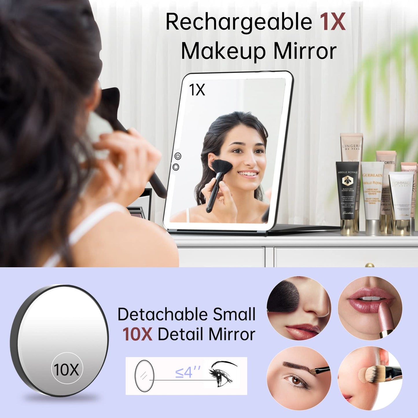 FUNTOUCH 2500mAh Large Rechargeable Travel Makeup Mirror with Lights, Portable Makeup Mirror with 10X Magnifying Mirror 3 Lighting Modes, Tabletop Folding Travel Mirror with PU Leather Cover (Pink)