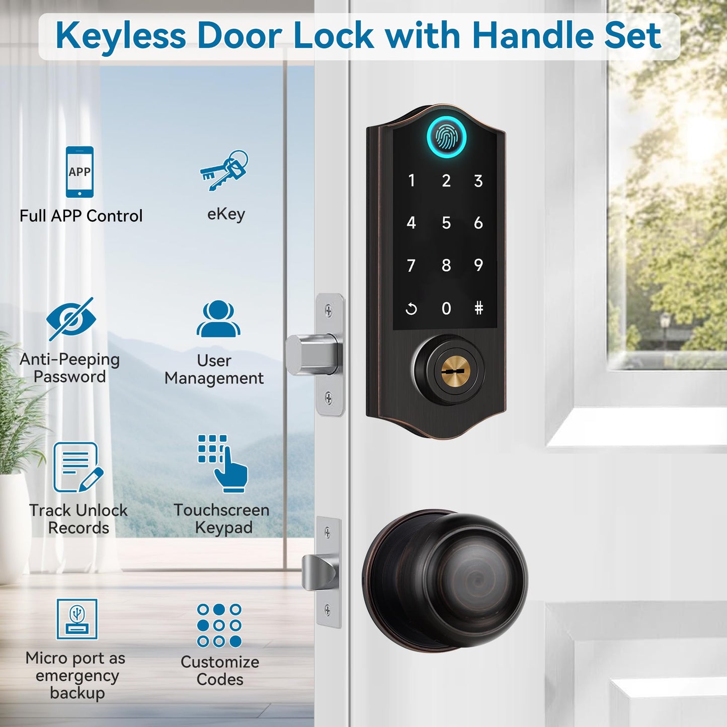 Harfo Fingerprint Smart Door Locks for Front Door with Handle Set, App Control, Keyless Entry Door Lock Keypad Deadbolt, Bluetooth Digital Electronic Touchscreen, Easy Install, Auto Lock, Black