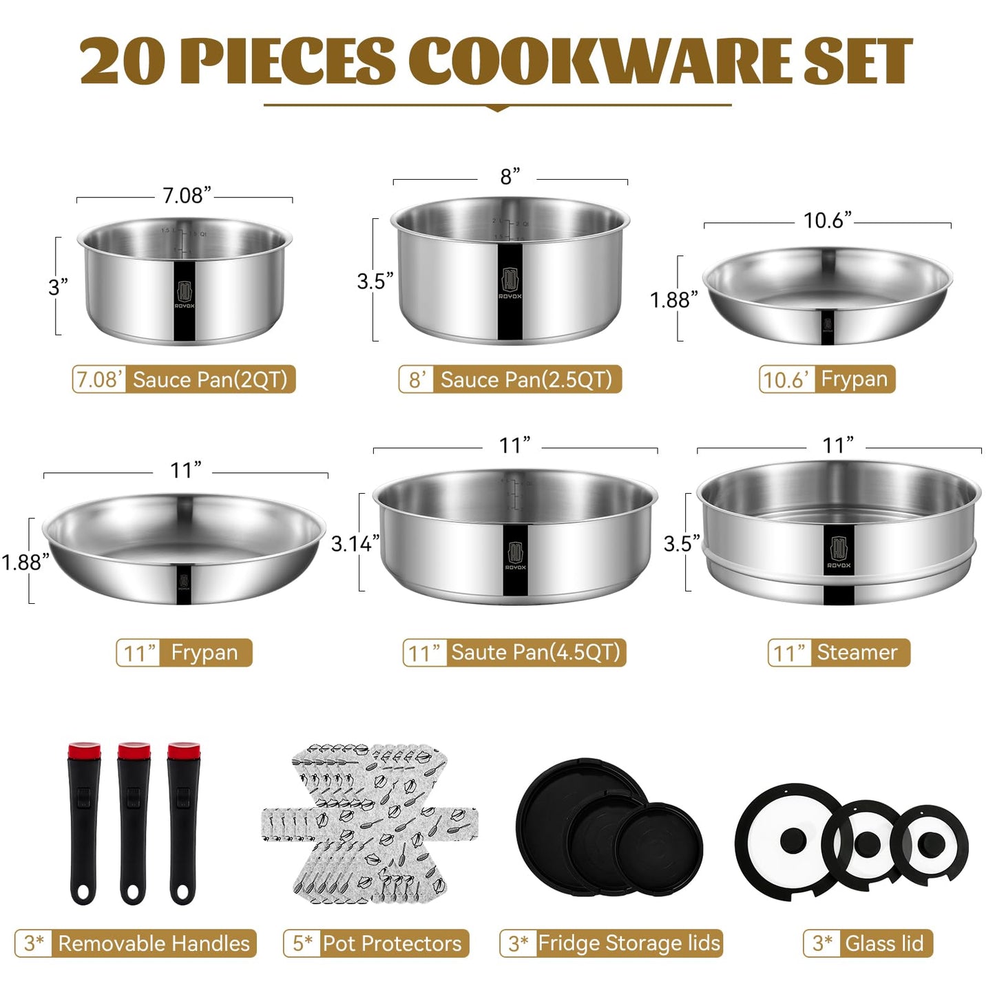 ROYDX 16pcs Pots and Pans Set, Stainless Steel Cookware Set Detachable Handle, Induction Kitchen Stackable RV Cookware Sets, (Camper, Boat, Small Kitchen), Dishwasher Safe&Oven Safe, PFOA Free, Silver