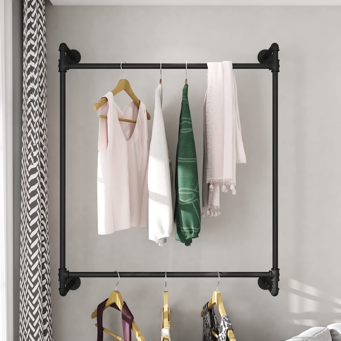 Industrial Pipe Clothing Rack Wall Mounted Clothes Rack Heavy Duty Closet Rod for Retail, Laundry Room, Bedroom