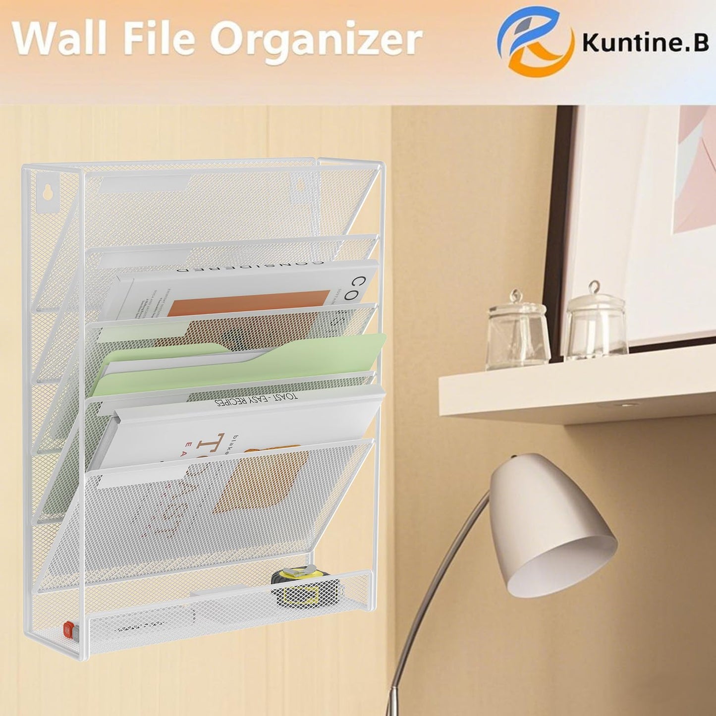 Kuntine.B 5 Pocket Wall File Holder Organizer Office Hanging Magazine Holder Wall File Organizer for Office Home (Black, 5 Tier)