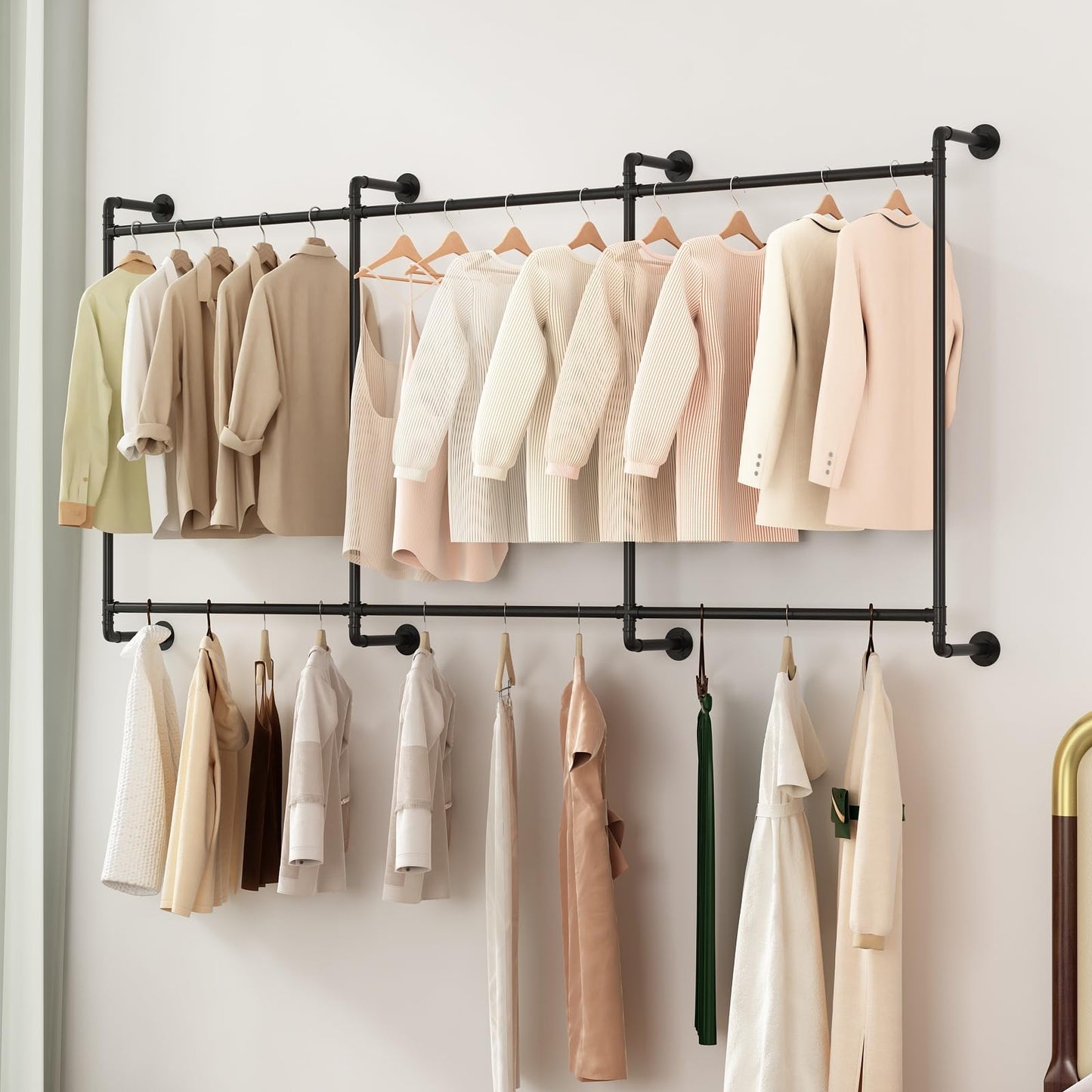 Industrial Pipe Clothing Rack Wall Mounted Clothes Rack Heavy Duty Closet Rod for Retail, Laundry Room, Bedroom