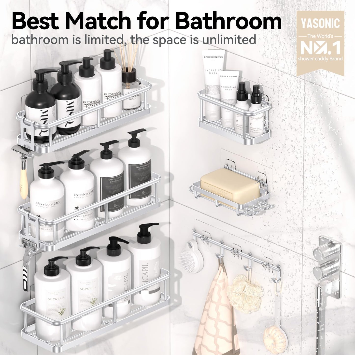 YASONIC Shower Caddy, 6 Pack Large Capacity Shower Organizer with Soap Holder and 12 Hooks, Rustproof Shower Shelves for Inside Shower, No Drilling&Sleek Bathroom Organizers and Storage